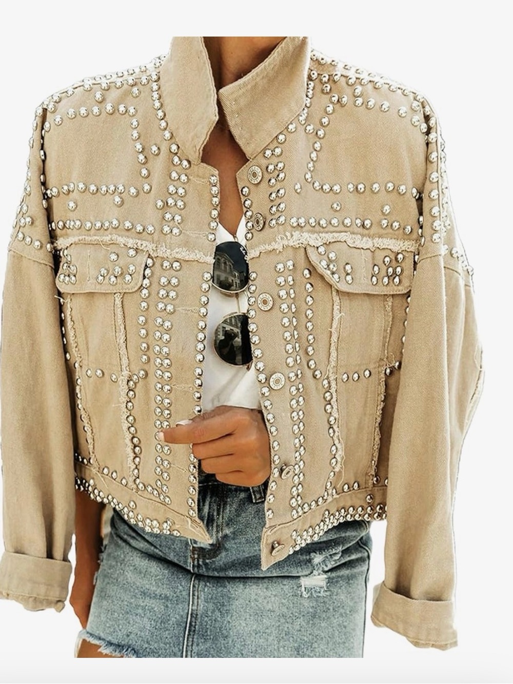 Denim Distressed Beige Western Studded Trucker Jacket Size Small